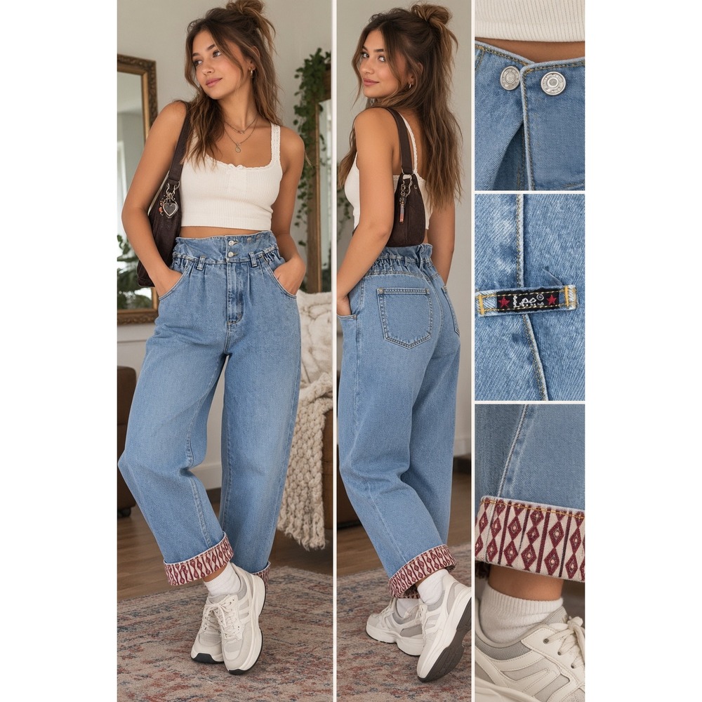Vintage Lee High Waisted Paperbag Mom Jeans Light Wash Tribal Cuff Size 7/S FLAW